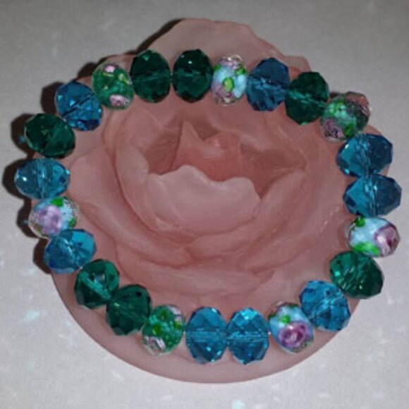 TDD Custom Made One Size Fits Most Rose Aqua Green Glass Bracelet - Picture 1 of 5